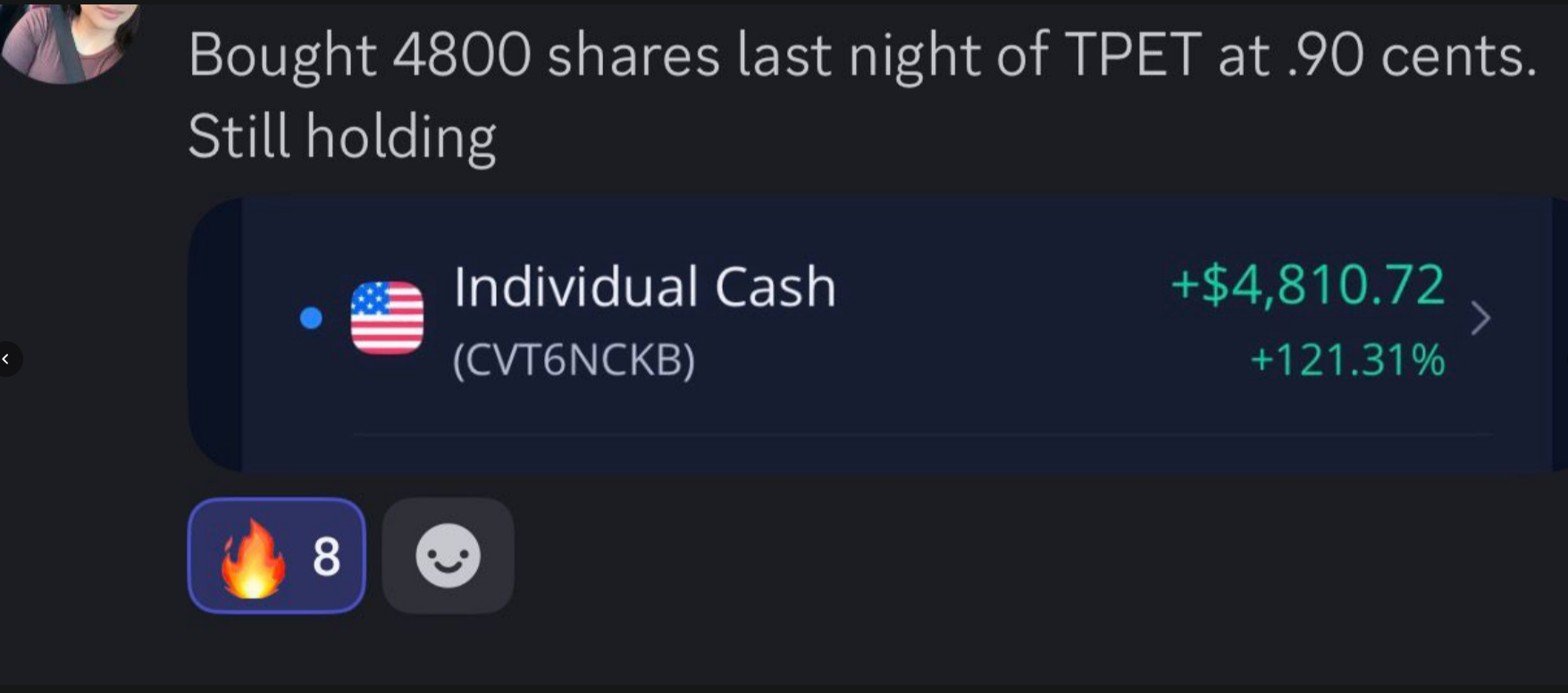 +$4,810.72 on TPET (+121.31%)